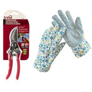Bond Carbon Steel Bypass 8" Pruner with Garden Women's Floral Gloves, Blue